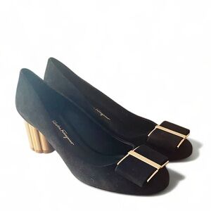 FERRAGAMO Capua 55 black calf flower heel pumps - 38.5